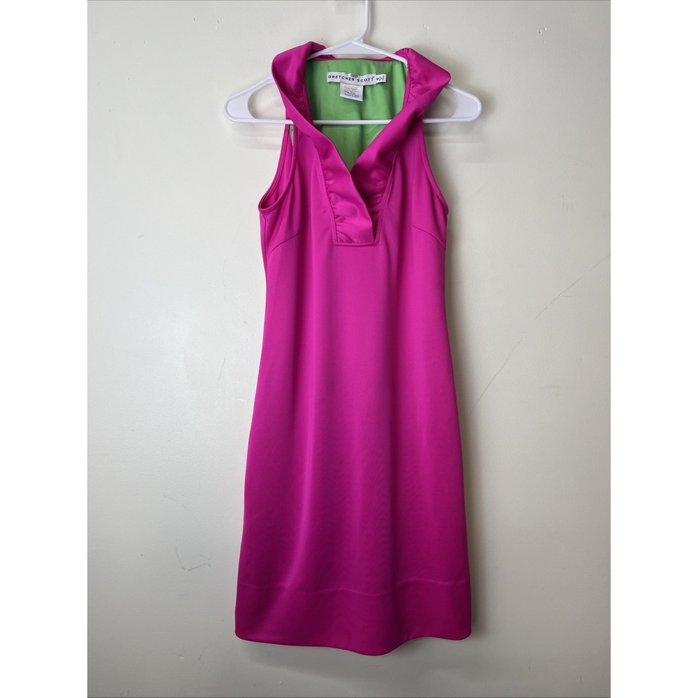 Gretchen Scott jersey sleeveless ruffle neck dress in hot pink Small